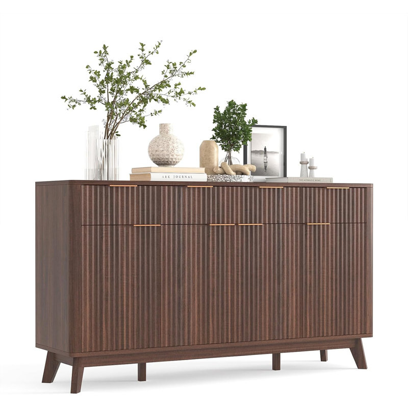 60" Large Farmhouse Sideboard Buffet Cabinet with Storage Drawers & Adjustable Shelves, Wood Fluted Buffet Storage Cabinet & Coffee Bar Console Table for Living Room & Kitchen Dining Room