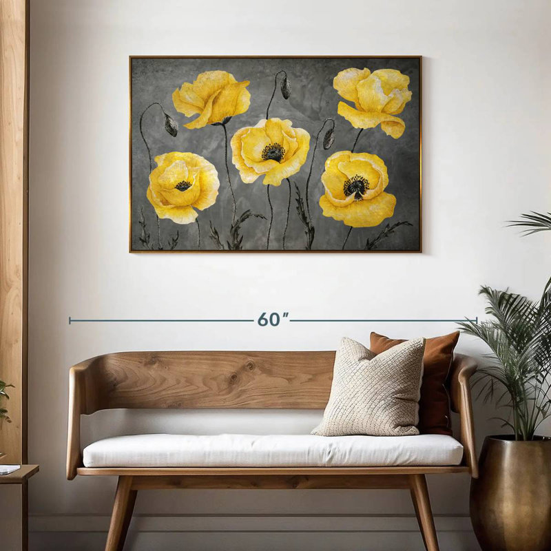 Coquelicots jaunes, Cadre flottant doré, 43 po x 29 po