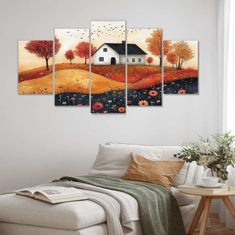 Paysage de ferme orange et noir fabriqué à la main à la maison - ensemble d'art sur toile