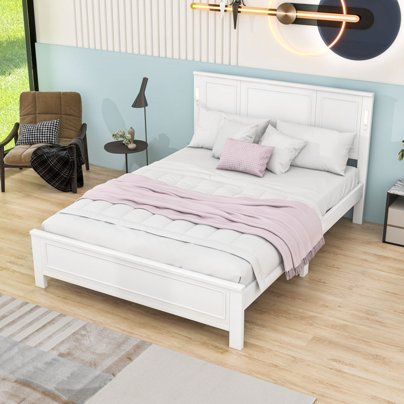 Lit plateforme avec tête de lit, éclairage à DEL intégré et station de charge USB, Queen, White
