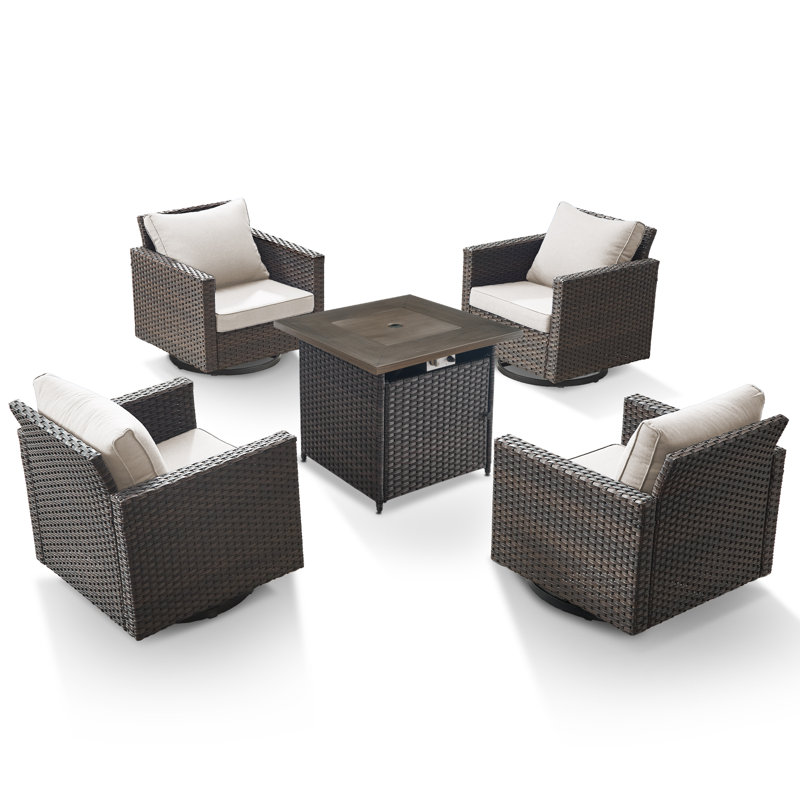 Nazime 4- Person Outdoor Seating Group with Patio Rocking Swivel Chairs and Cushions and Fire Pit Table, Beige