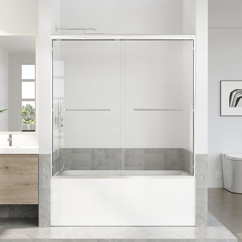 56 To 60 In. W X 60 In. H Semi Frameless Double Sliding Tub Door With 5/16 In. Tempered Clear Glass, Chrome