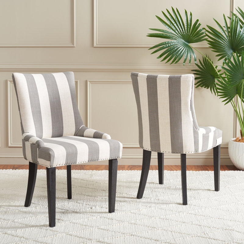 Chaise parsons en bois massif Halleigh, Mélange de lin gris / gris rayé
