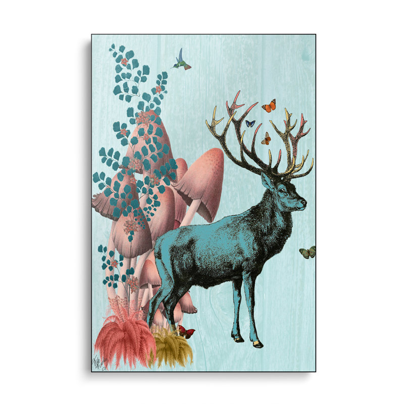 Toile en métal Steemplix - cerf turquoise dans la forêt de champignons par Fab Funky - impression d'art mural