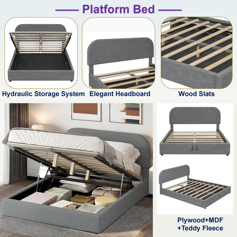Gray Upholstered Queen Platform Bed with Hydraulic Storage