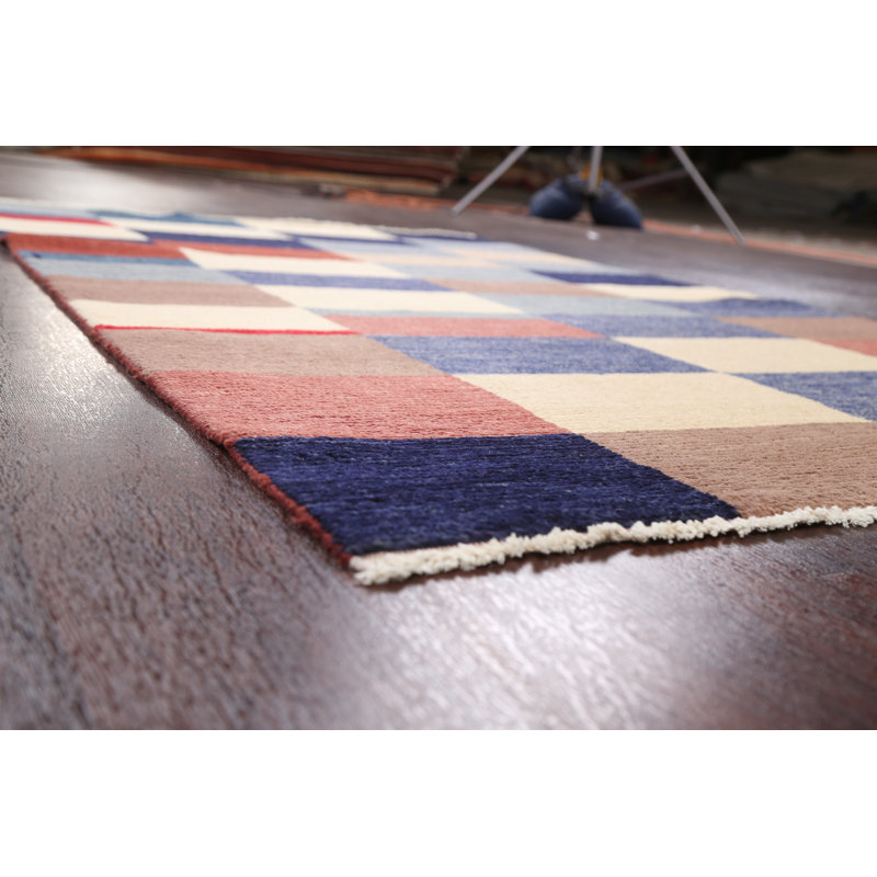 Tapis unique en laine noué à la main bleu marine / rouge / beige / noir nouvel âge 4 pi x 6 pi 2 po