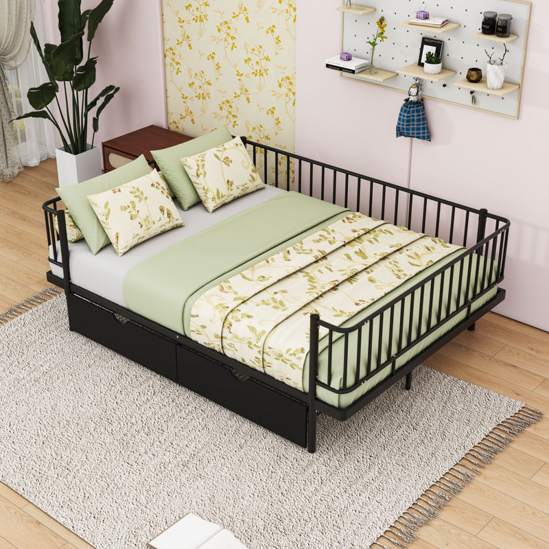 Metal Platform Bed with Storage Drawers, Black, Full