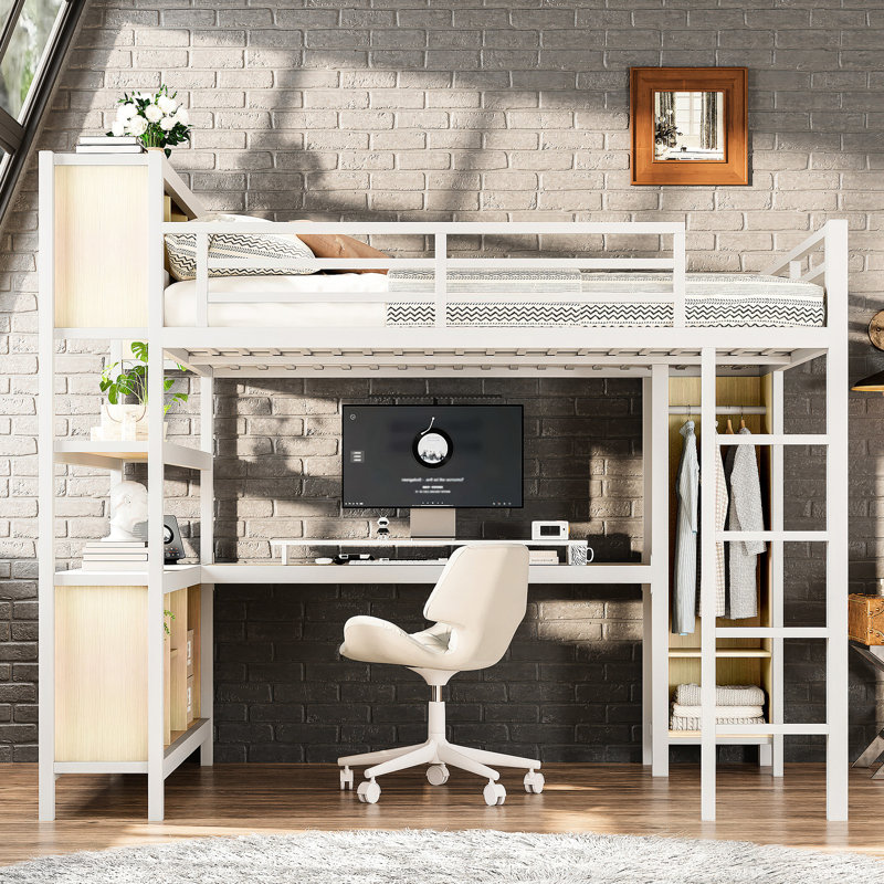 Lit mezzanine en métal robuste avec grand lit, bureau, garde-robe et rangement, coffre-fort pour le rangement des adultes, appartements de style moderne, chambres pour adolescents, grain de bois blanc