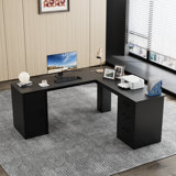 Arpan 60" L-Shaped Executive Desk with Drawers, Wood Home Office Corner Desk with Storage Cabinet