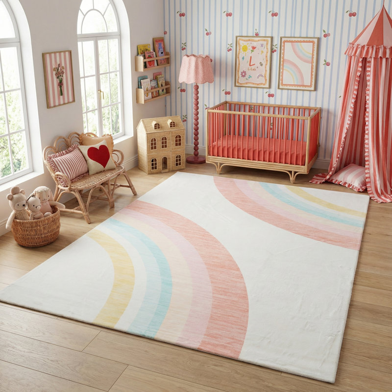 Tapis à motif arc-en-ciel rose / crème pour enfant 7 pi x 10 pi (6 pi 7 po x 9 pi 6 po) Branch Marlow