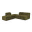 Canapé d'angle modulaire vert olive, garni de fausse fourrure et de mousse haute densité compressée, avec fauteuils et poufs sans accoudoirs.