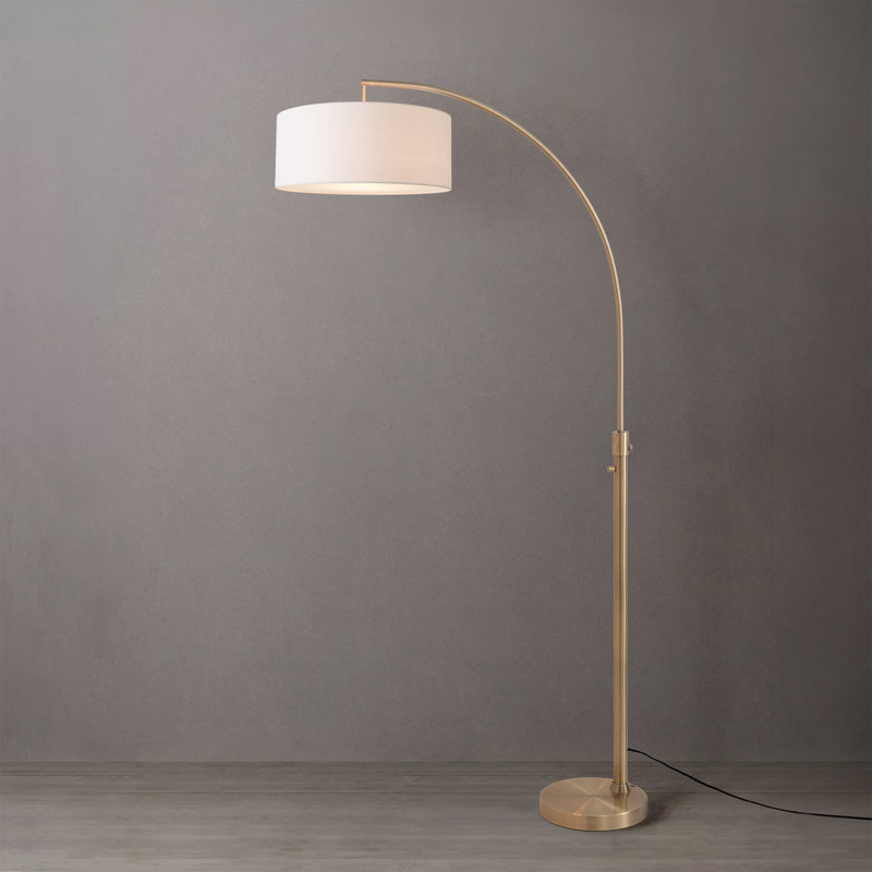 Float 75"H Chairside Arc Lamp, Drum White Linen Shade, Weathered Brass, Dimmable, Bulb Included