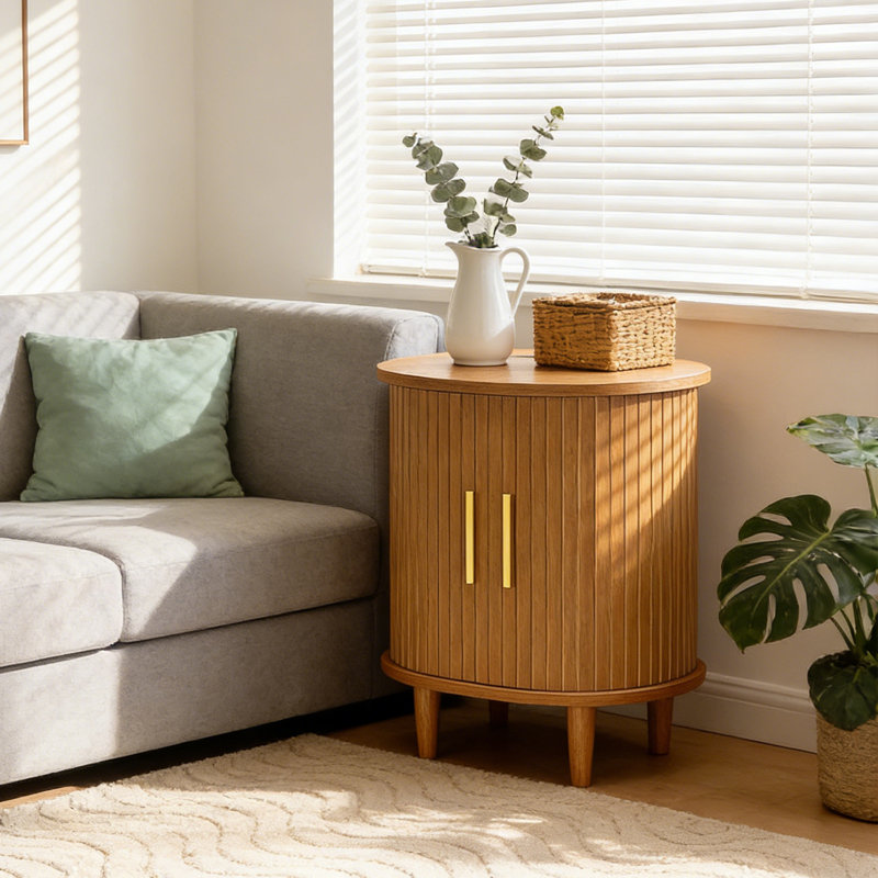 Nightstand With Charging Station, Fluted Accent Side Table With Sliding Door & Adjustable Shelf, Mid-century Modern End Table For Small Space, Living Room, Bedroom