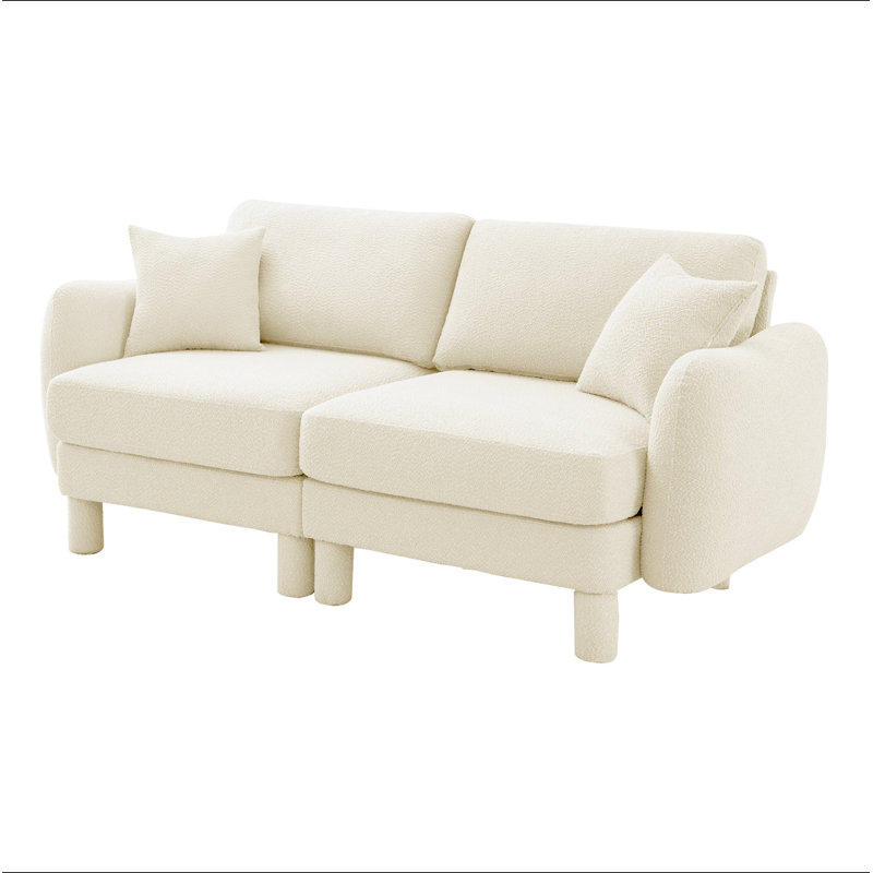 Canapé 2 places avec accoudoirs en forme de coquillage et pieds cylindriques enveloppés de tissu d'ameublement Boucle, Beige