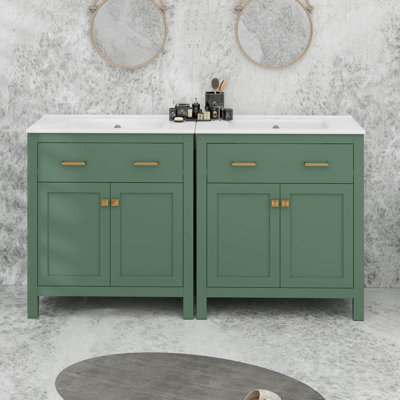 60" Bathroom Vanity Set, Double Vanities, Double Ceramic Sinks, Storage Shelf, And Divided Drawers