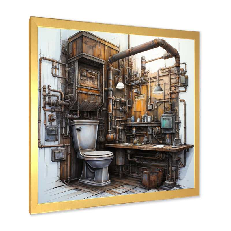 Toilet Industrial Chic Mixed I - Bath & Laundry Canvas Prints, H 36 po x l 36 po x P 1,5 po, Cadre doré à une seule photo
