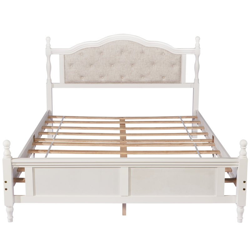 Grand lit en bois de pin avec tête de lit tapissier et pied de lit à panneau, avec deux pieds de support de rail de lit et pieds de support de plateforme centrale