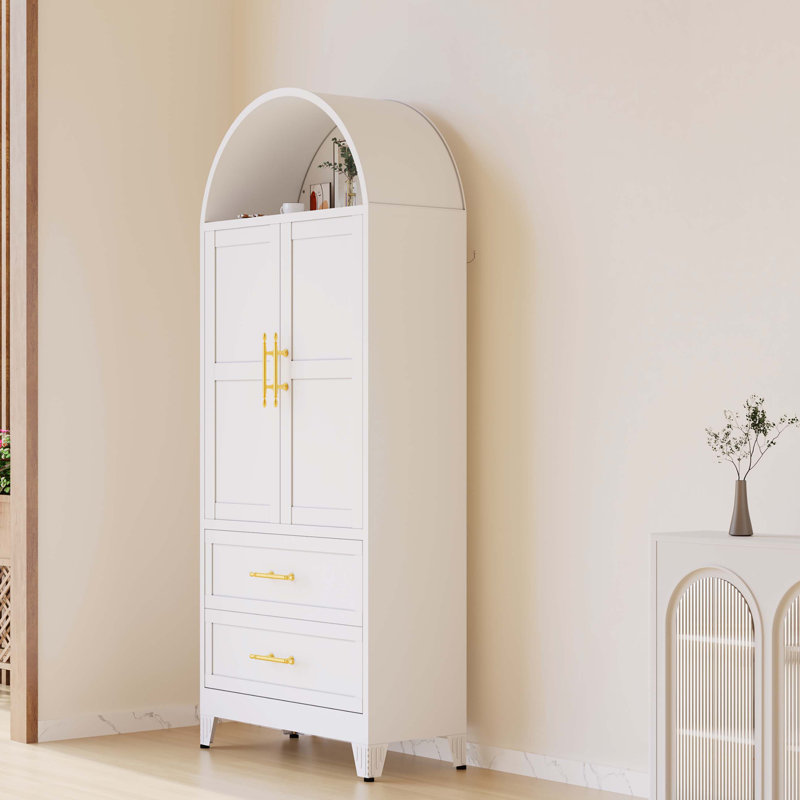 73 Inch Tall Metal Arched Cabinet with 2 Doors, 2 Adjustable Shelves, and Open Storage, Modern Farmhouse Design for Versatile Use