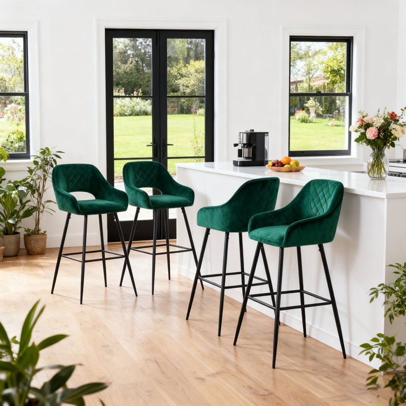 Sunni 67cm Velvet Upholstered Arm Bar Stool with Footrest, Green