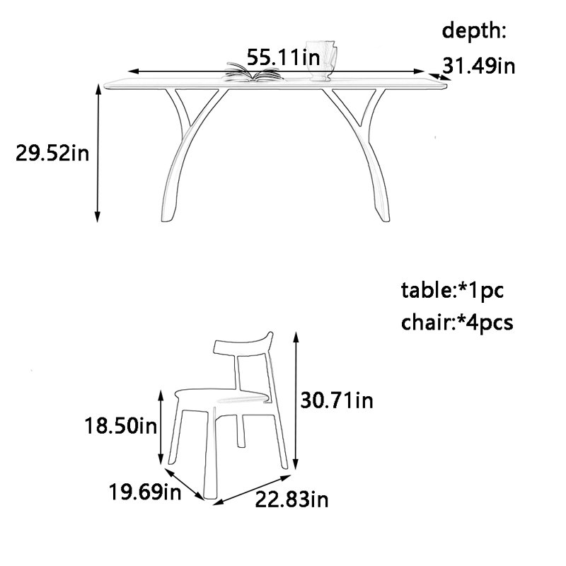 Ensemble de table et chaises de salle à manger rétro minimaliste, H 29,52 po x L 55,11 po x l 31,49 po