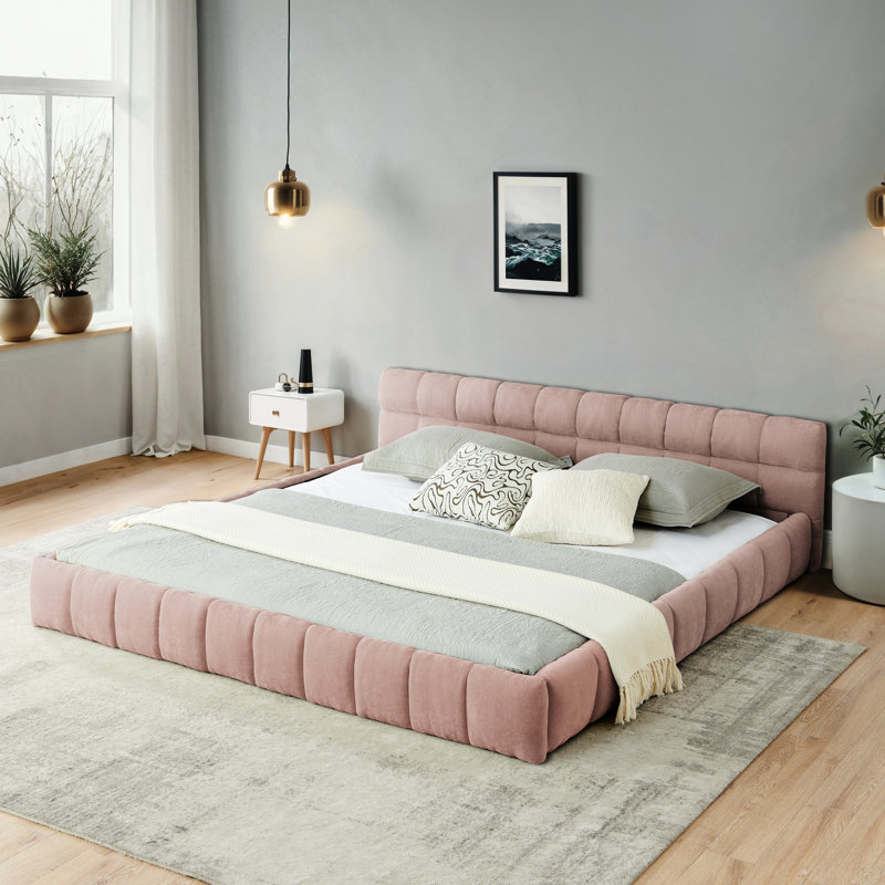 Pink Upholstered King Bed Frame, Platform With Thick Fabric, Headboard, Contemporary Bedroom Style, Pink