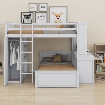 Lit superposé avec lit autonome, tablettes, bureau et garde-robe