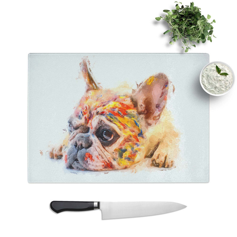 Tempered Glass Painted French Bulldog Chopping Board, 39 cm W x 28.5 cm L