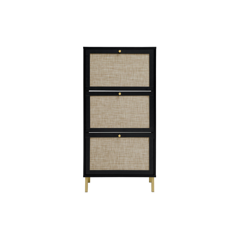 Étagère à chaussures en rotin 3 portes, armoire de rangement pour chaussures moderne autoportante, Noir / doré