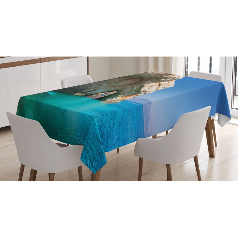 Greece Tablecloth, Sea Cave On Zakynthos Island Greece Vacation Relaxing Seascape Coastline Picture, Rectangular Table Cover For Dining Room Kitchen Decor, 52" X 70", Tan Pale Blue