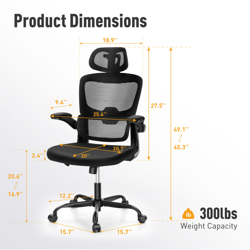 Black Ergonomic Office Chair with Dynamic Spine Support and 4D Mesh Headrest, Black