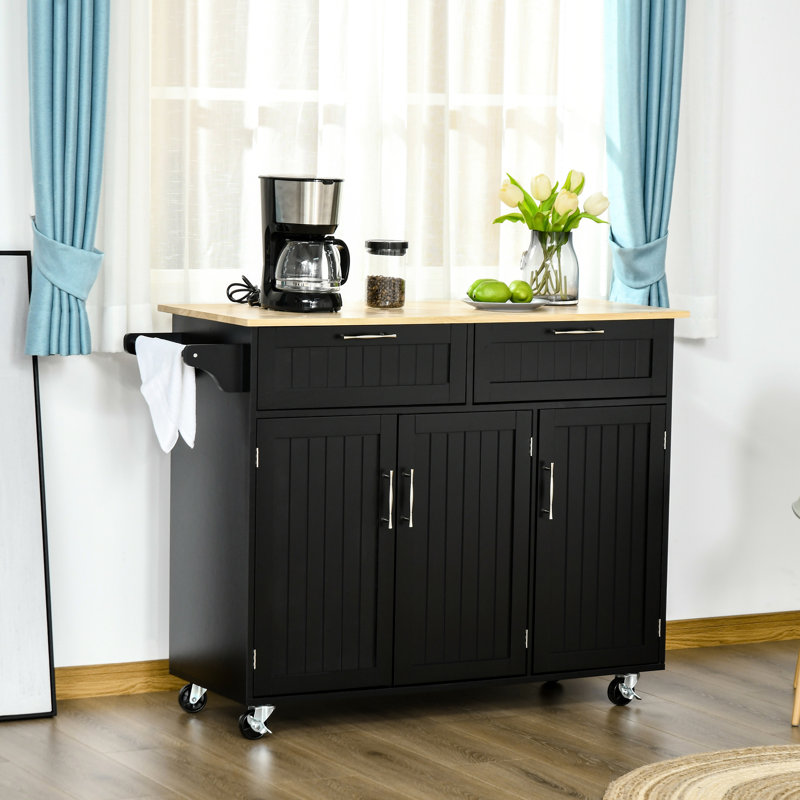 Îlot de cuisine avec rangement - noir. Comptoir en bois, tiroirs, armoires à 3 portes et porte-serviettes. Surface de travail supplémentaire. Organisez la cuisine. Facilement déplaçable. Moderne. L 43,7 po x l 18,1 po Capacité de 110 lb. Assemblage