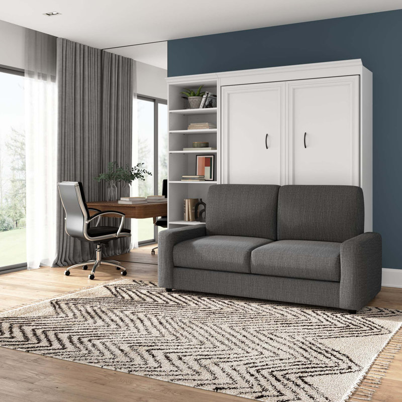Lit escamotable avec rangement Alvaretta, Blanc / Gris, Double