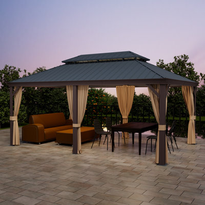 Abri de jardin à toit rigide 12 x 18 pi avec structure en aluminium et double toit en acier galvanisé, moustiquaire et rideaux d'intimité