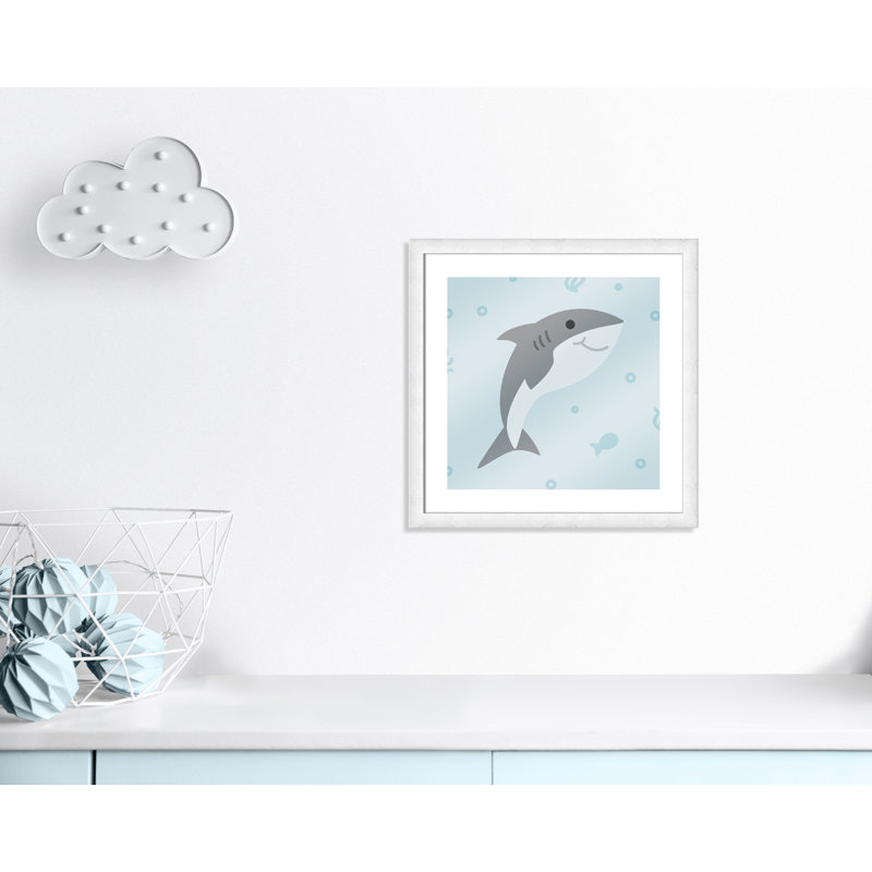 «Happy Shark», impression sur papier, H 8 po x l 8 po x P 0,6 po, Encadré plat à grain de bois blanc
