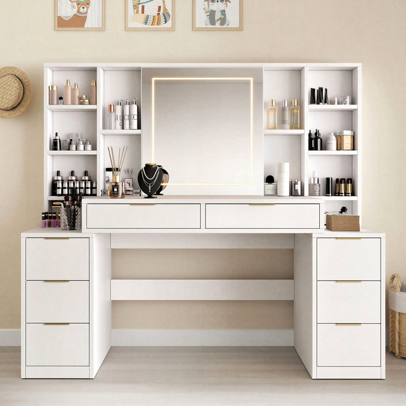59"W Oversized Makeup Vanity Desk with Mirror and Lights, Vanity Table with 8 Drawers & Open Storage Shelves, Brightness Adjustable