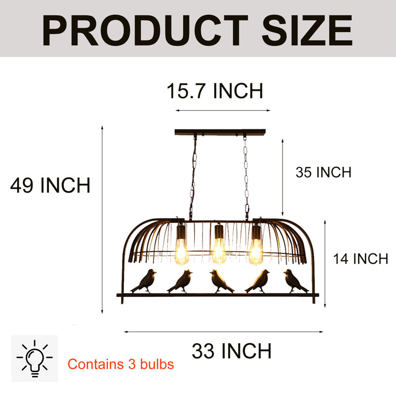3 Light Dimmable Retro Bired Cage Chandelier With Black Finish