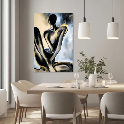 2D Flat, 1Pc Framed Canvas Wall Art, Abstract Human Figure, Outlined in Gold Lines, Expressionist Style Art Print Canvas Poster Painting Room Wall Decor, Ideal Gift For Bedroom Living Room Hallway Dorm, Ready To Hang