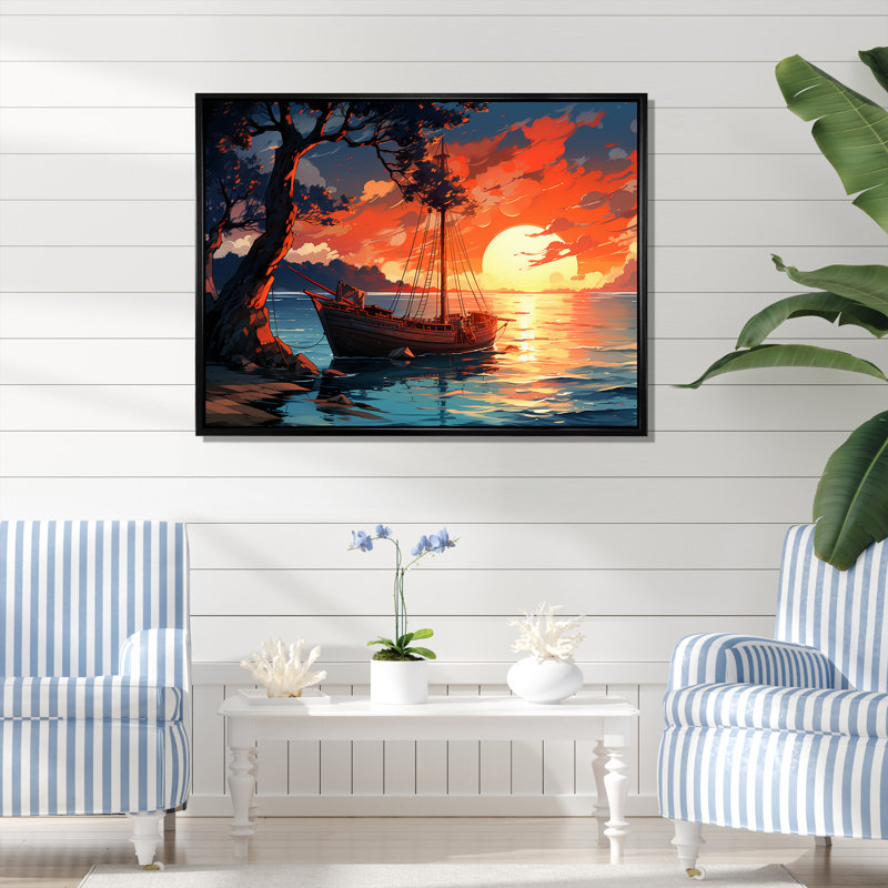 Coucher de soleil sur 1000 îles, rivière au Canada II - Coucher de soleil côtier, art mural, Cadre flottant noir