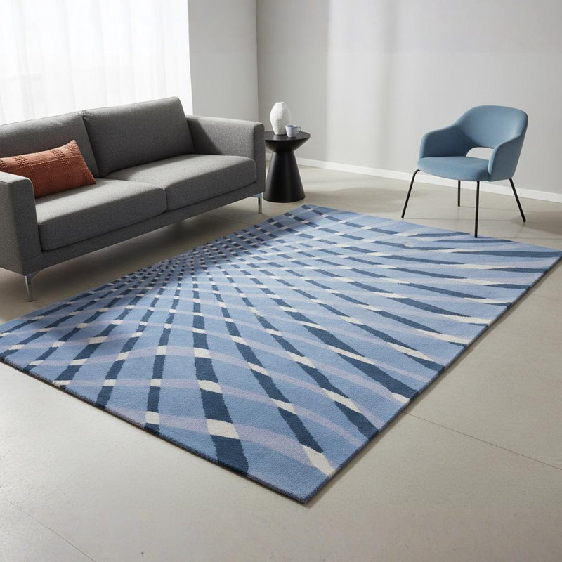 Ailey Authentic Hand-Tufted Handmade Sky Blue, Navy & Gray Modern Op-Art Vortex Wool Area Rug, 5' x 7'6"
