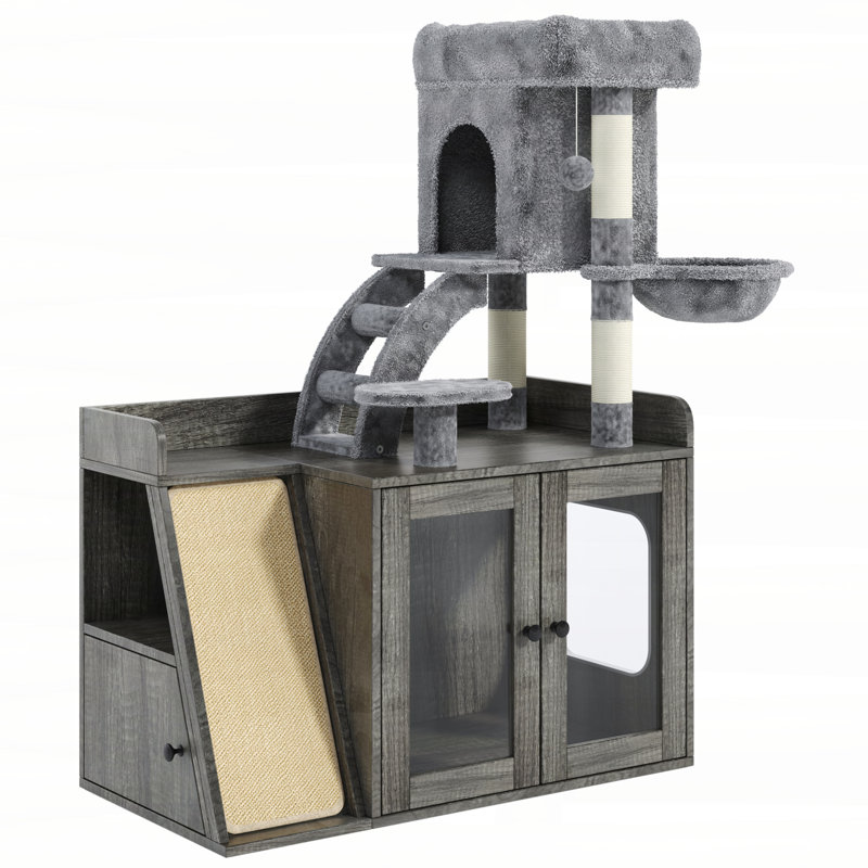 Enceinte de litière avec arbre à chat, litière cachée avec lumière DEL, planche à gratter en sisal et espace de rangement, meuble modulaire pour litière avec condo et plateforme, tour pour chat tout-en-un