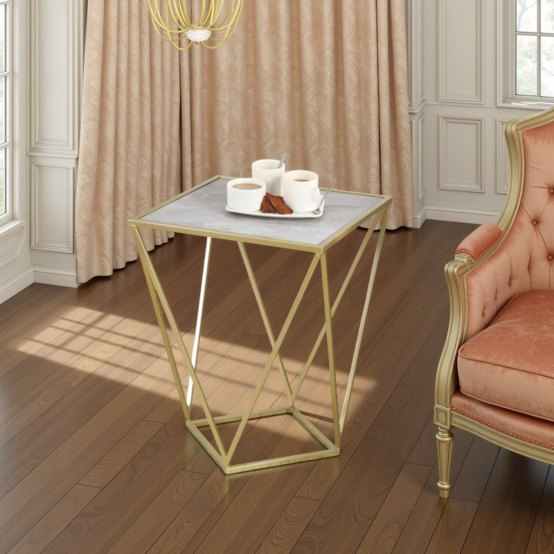 Table d'appoint dorée et blanche avec plateau, table d'appoint à cadre géométrique en fer
