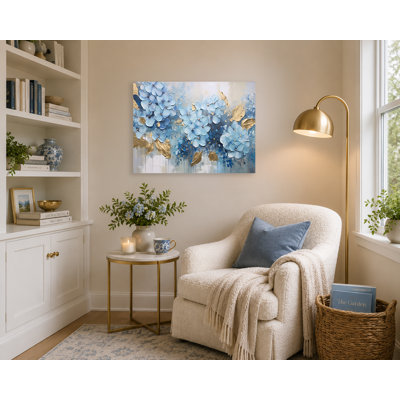 «Blue Bloom Symphony», impression sur toile florale texturée avec accents dorés