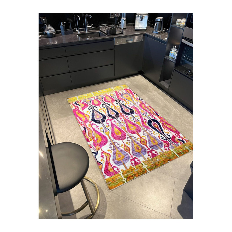 Tapis décoratif lavable à la machine rose et jaune, Sous-tapis rectangulaire 3 pi 11 po x 5 pi 11 po i