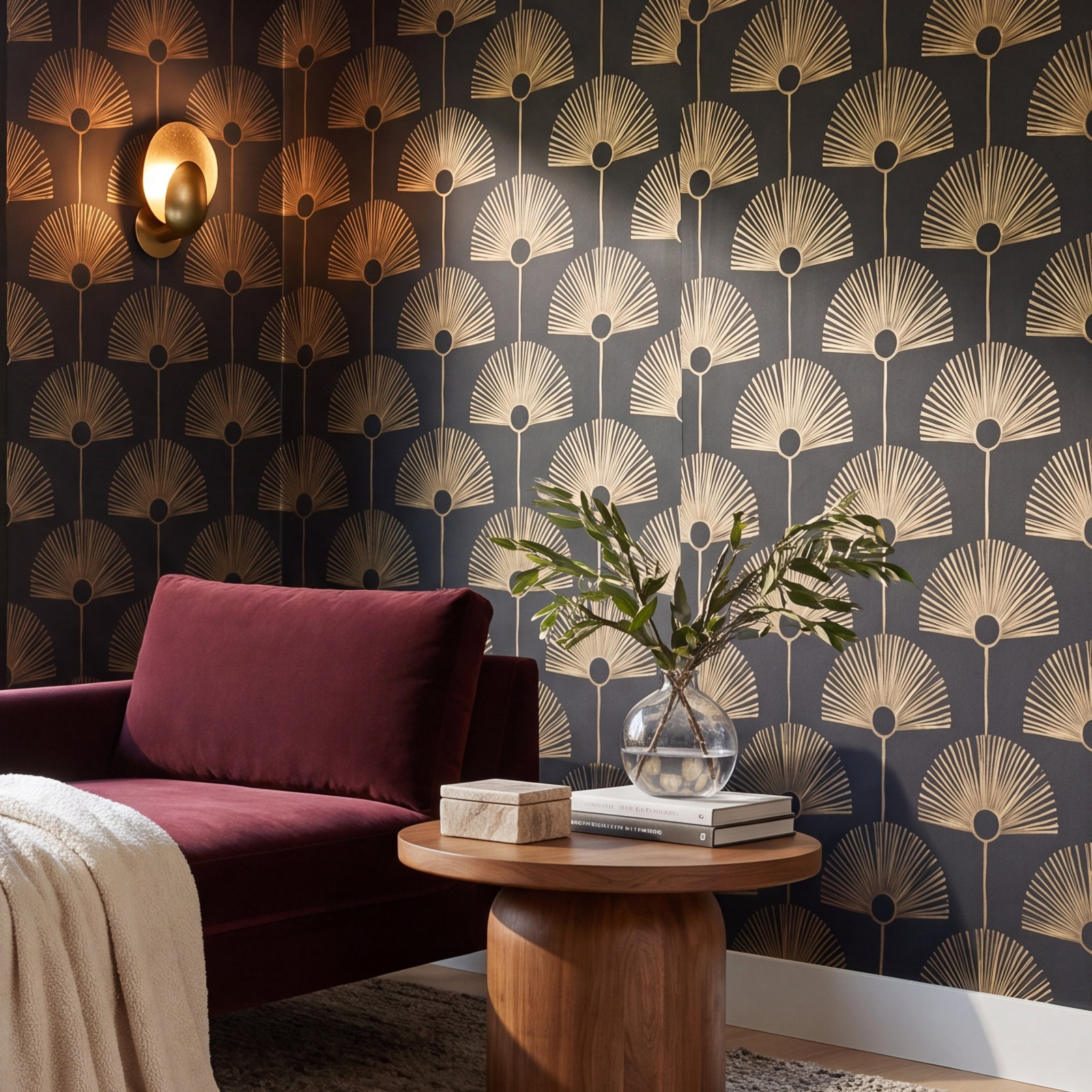 Mitchell Black Deco Fan Self-Adhesive Wallpaper, Black Gold, Non-pasted