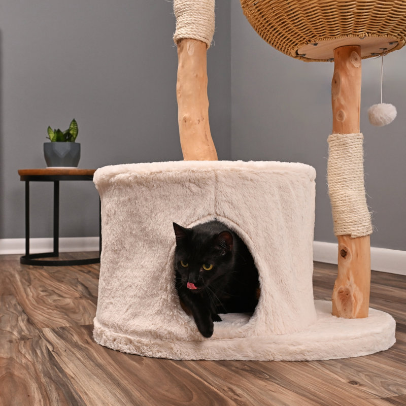 Natural Wood and Sisal Freestanding Cat Tree with Plush Condo