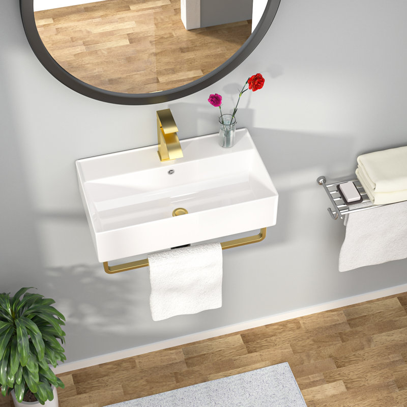 21" L x 12" W Ceramic Wall Mount Bathroom Sink, Rectangular Vessel Sink with Gold Towel Rail and Gold Faucet, Gold