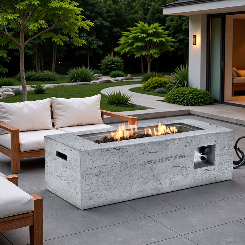 Mgo Propane Outdoor Rectangular Fire Pit With Side Cutout Handles, Steel Burner, Adjustable Flame Control, Lava Rocks And Rain Cover