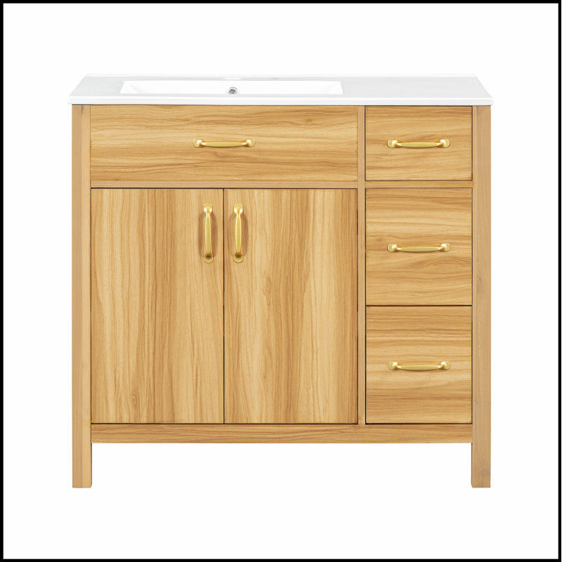 Meuble-lavabo en bois 36 po avec cadre solide, portes et tiroirs à fermeture en douceur, tablette réglable, rangement moderne pour petits espaces