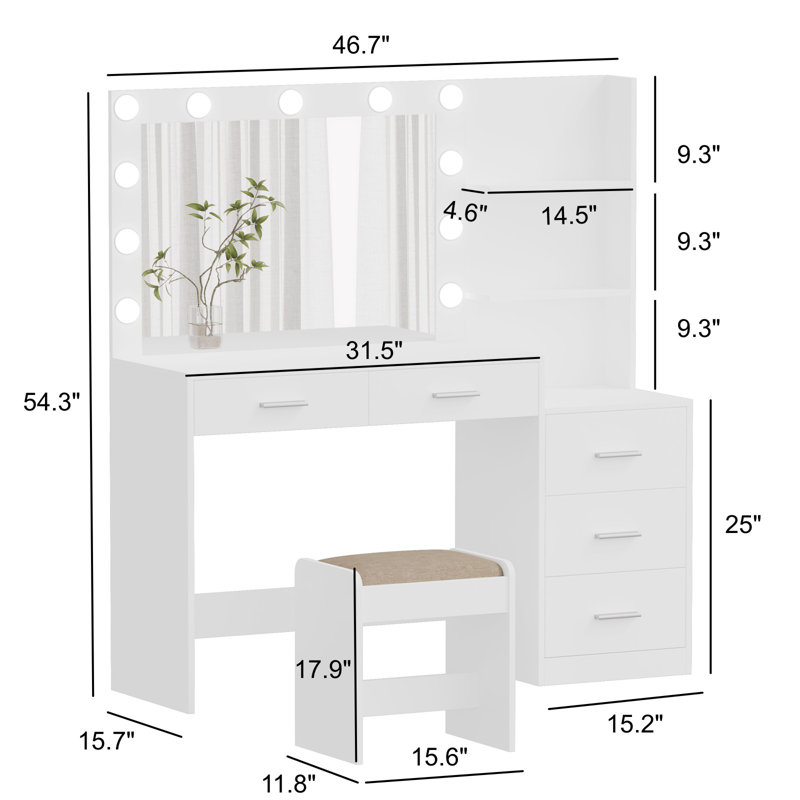 Freman Vanity Table Set, Makeup Vanity Desk with Lights and Mirror, Dressing Table, White