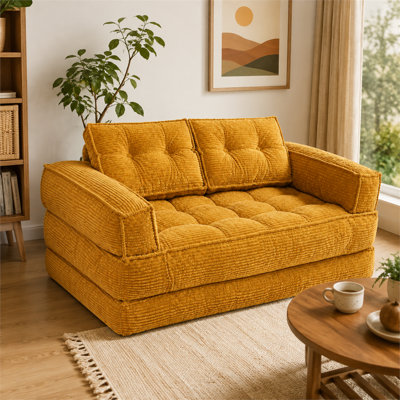 Canapé de sol modulaire 2 places en velours côtelé orange avec méridienne, convertible 2 en 1 sans structure, garni de mousse haute densité 30D. Aucun assemblage requis. Parfait pour le salon, la chambre à coucher, un appartement ou une salle de jeux.
